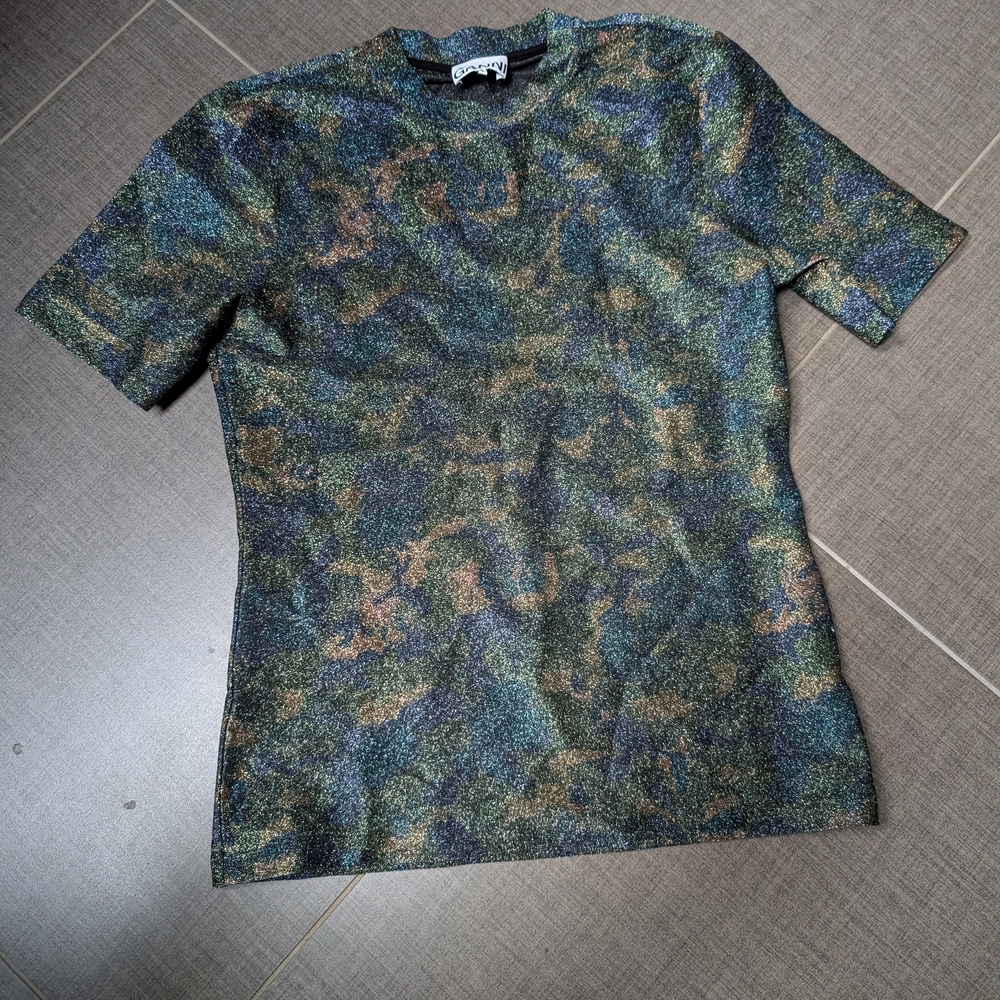 Ganni Multicolor Metallic Camouflage Short Sleeve Tee
